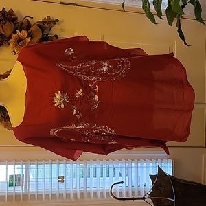 Jovie red viscose kimono silver sequin floral paisley pattern ties One Size EUC…